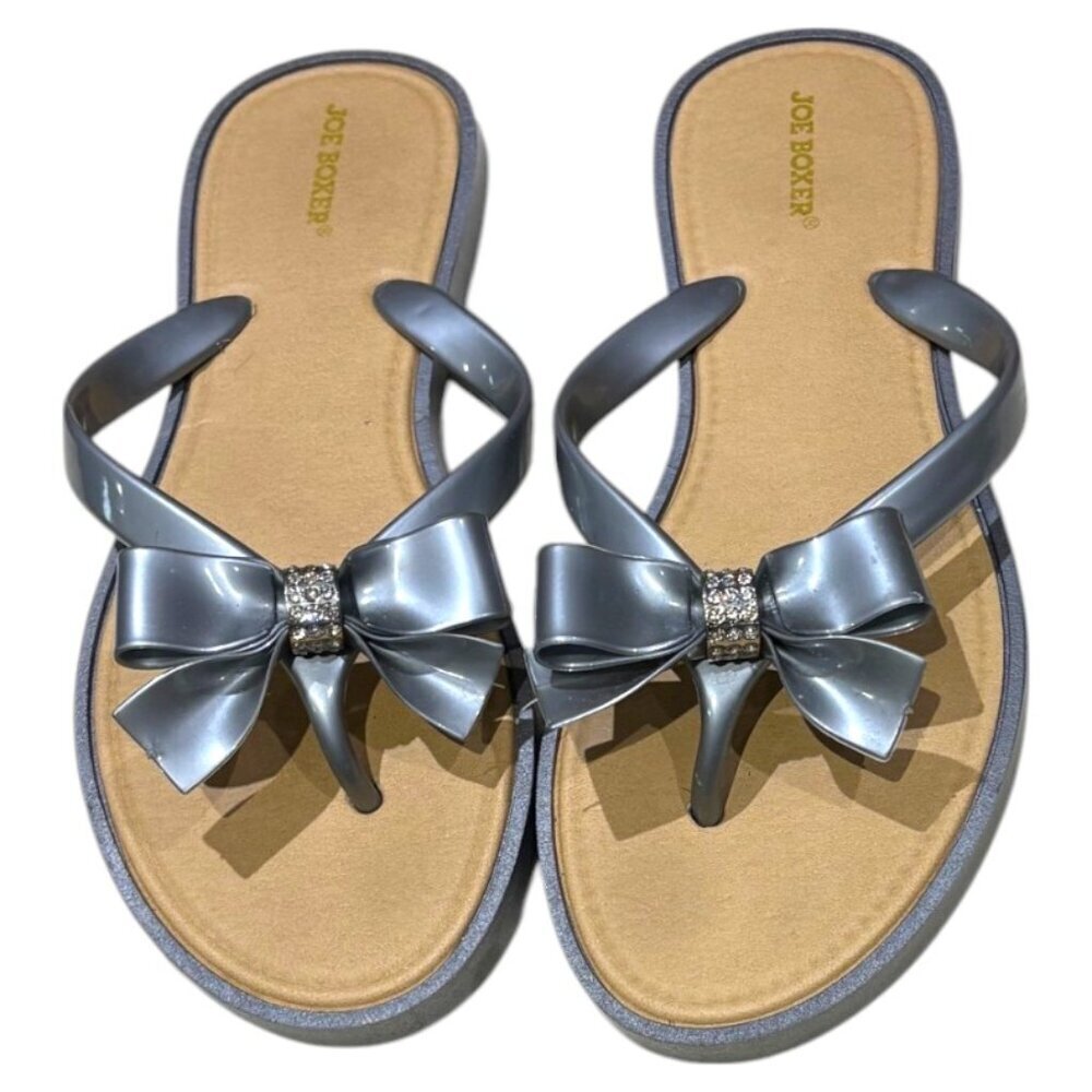 Joe Boxer Silver Flip Flops with Bow and Rhinestone Detail Size 7/8